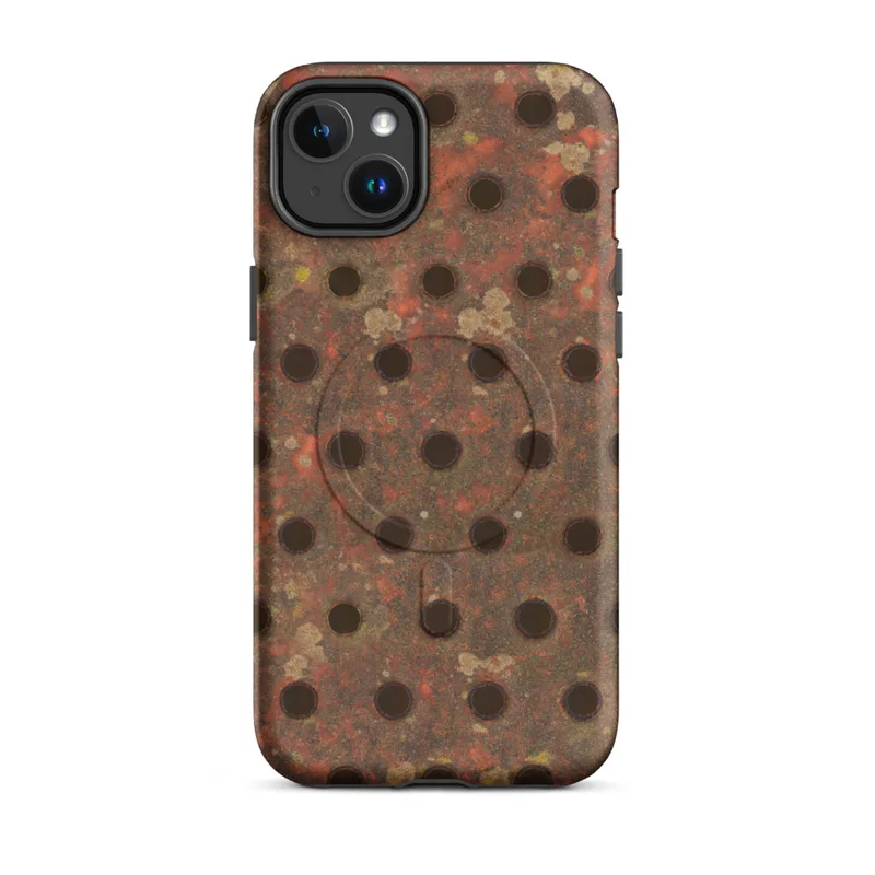 Matte Industrial Rust Perforated Metal MagSafe Tough Case for iPhone — heavily rusted perforated metal plate with deep