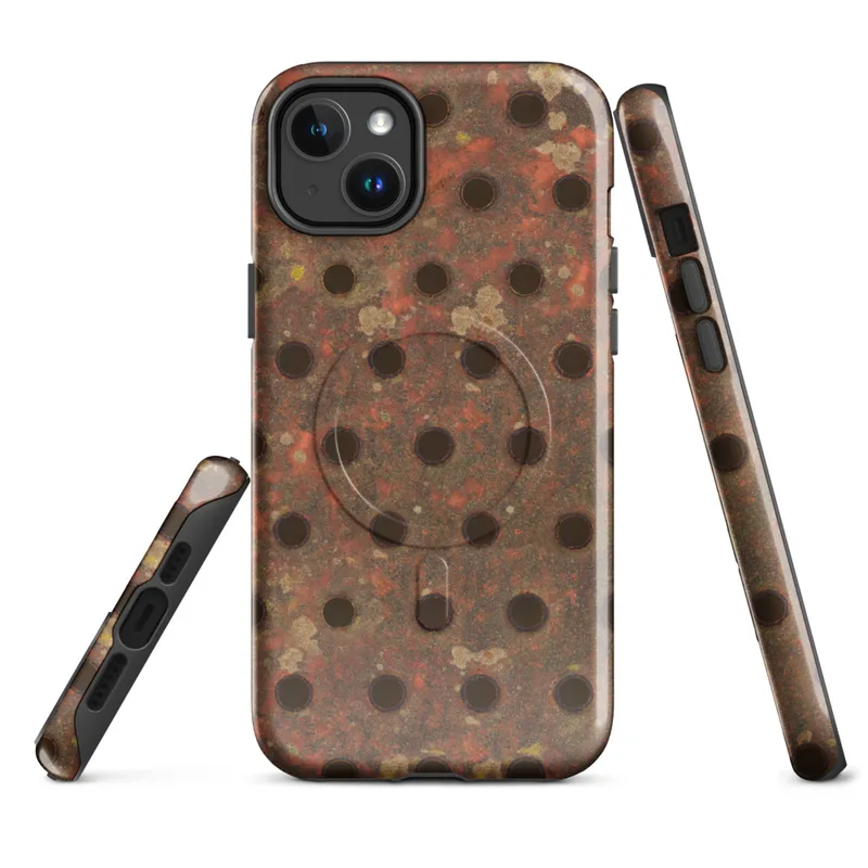 Glossy Industrial Rust Perforated Metal MagSafe Tough Case for iPhone — heavily rusted perforated metal plate with deep