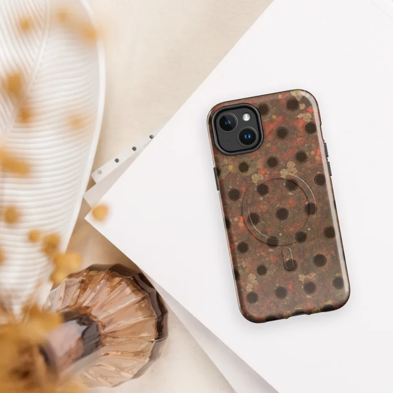 Glossy Industrial Rust Perforated Metal MagSafe Tough Case for iPhone — heavily rusted perforated metal plate with deep