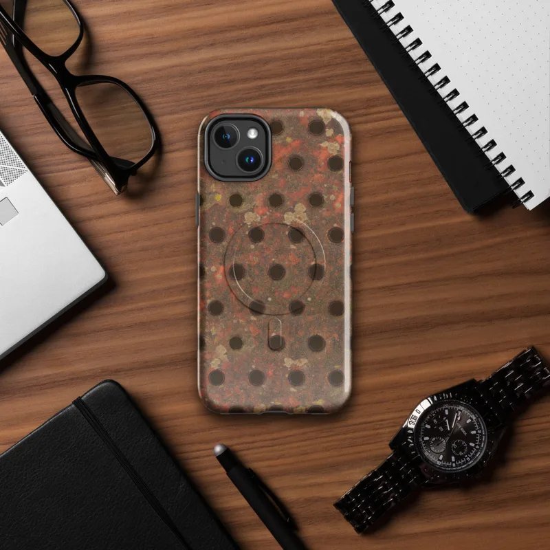 Glossy Industrial Rust Perforated Metal MagSafe Tough Case for iPhone — heavily rusted perforated metal plate with deep