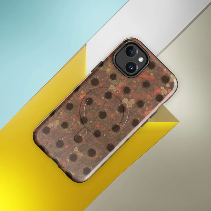 Glossy Industrial Rust Perforated Metal MagSafe Tough Case for iPhone — heavily rusted perforated metal plate with deep
