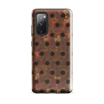 heavily rusted perforated metal plate with scattered drill holes, lichen patches, and peeling oxidation in burnt sienna, iron brown, and ochre tones on Glossy Industrial Rust Perforated Metal Tough Case for Samsung - default - Front view