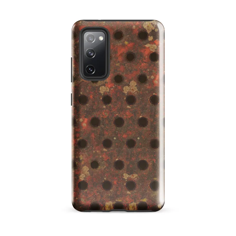 Glossy Industrial Rust Perforated Metal Tough Case for Samsung — heavily rusted perforated metal plate with scattered drill
