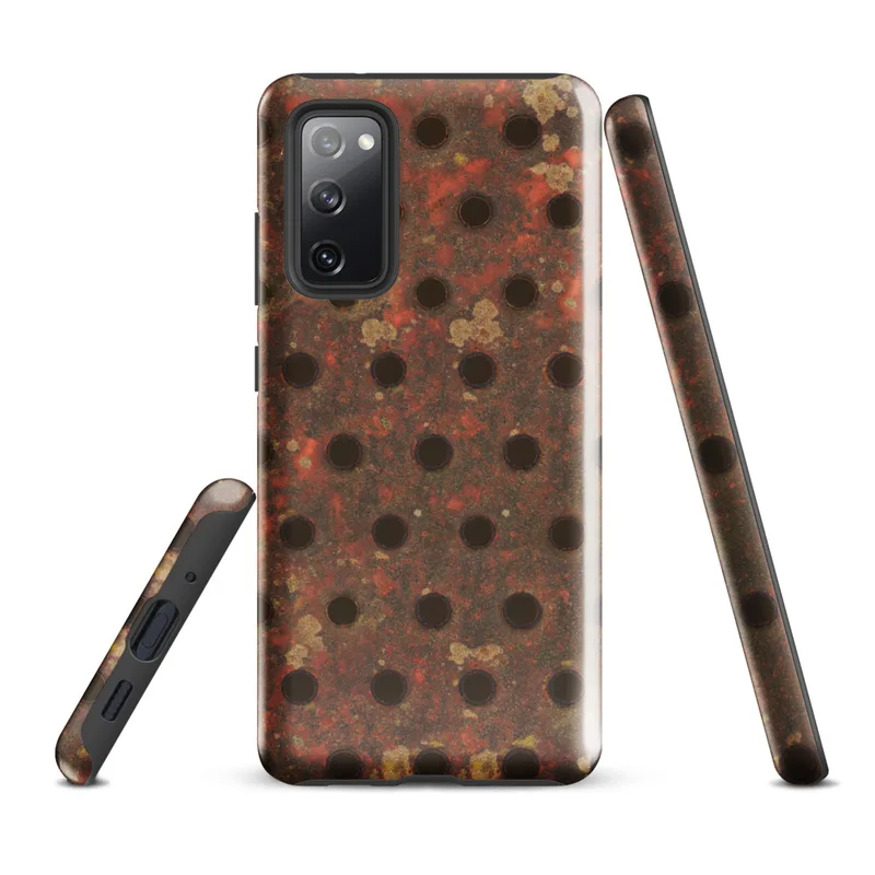 Glossy Industrial Rust Perforated Metal Tough Case for Samsung — heavily rusted perforated metal plate with scattered drill