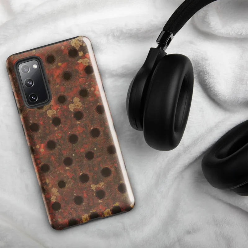 Glossy Industrial Rust Perforated Metal Tough Case for Samsung — heavily rusted perforated metal plate with scattered drill