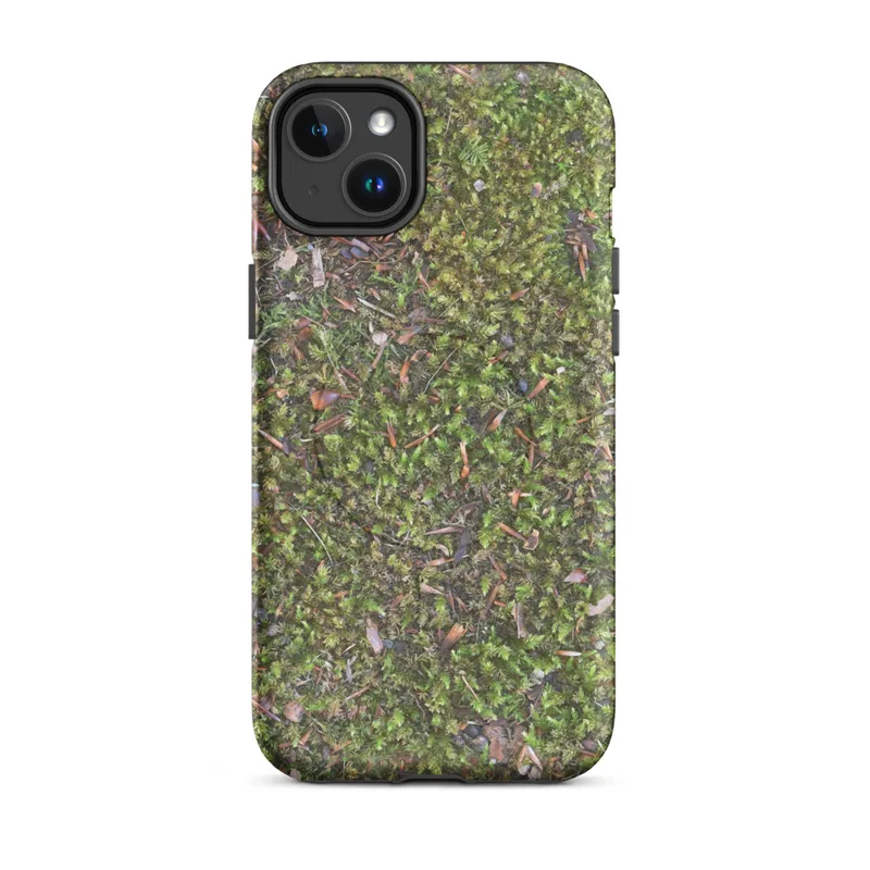 Matte Forest Floor Mossy Ground MagSafe Tough Case for iPhone — top-down photorealistic view of green moss ground scattered