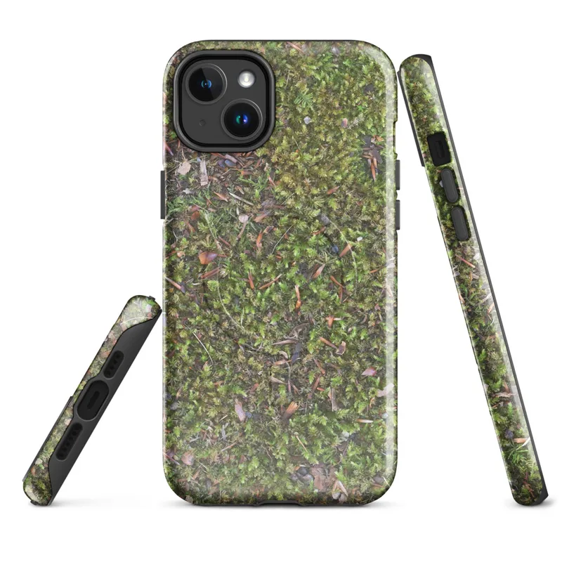 Glossy Forest Floor Mossy Ground MagSafe Tough Case for iPhone — top-down photorealistic view of green moss ground scattered