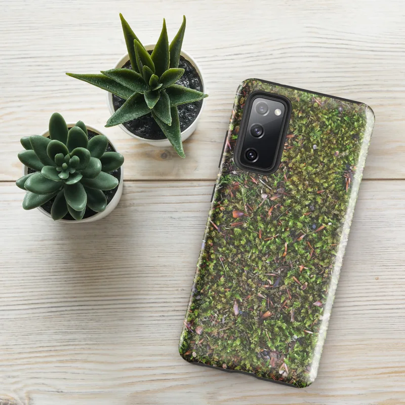 Glossy Forest Floor Moss Tough Case for Samsung — top-down view of dense green moss covered with scattered pine needles
