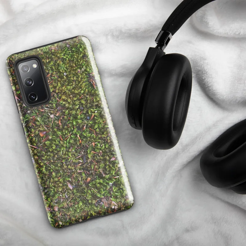 Glossy Forest Floor Moss Tough Case for Samsung — top-down view of dense green moss covered with scattered pine needles