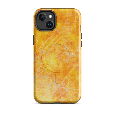 mottled orange and golden yellow surface overlaid with scattered silver and white scratch lines suggesting heat and kinetic energy on Glossy Solar Flare Scratch MagSafe Tough Case for iPhone - default - Front view