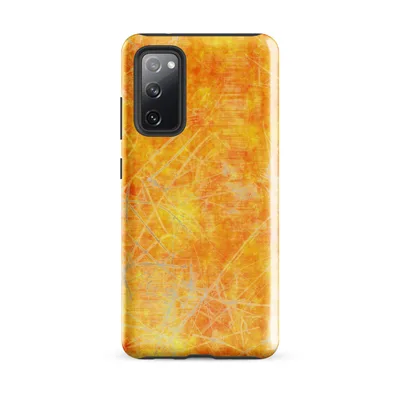 mottled golden yellow and burnt orange surface with scattered silver-white scratch marks and faint arc lines in a textured, heat-haze style on Glossy Solar Flare Scratch Tough Case for Samsung - default - Front view