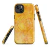 Glossy Solar Flare Scratch MagSafe Tough Case for iPhone — mottled orange and golden yellow surface overlaid with scattered