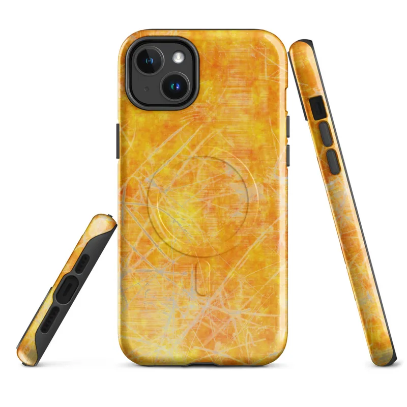 Glossy Solar Flare Scratch MagSafe Tough Case for iPhone — mottled orange and golden yellow surface overlaid with scattered