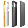 Glossy Solar Flare Scratch MagSafe Tough Case for iPhone — mottled orange and golden yellow surface overlaid with scattered
