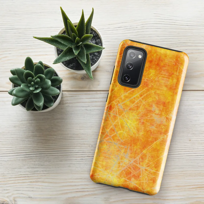 Glossy Solar Flare Scratch Tough Case for Samsung — mottled golden yellow and burnt orange surface with scattered