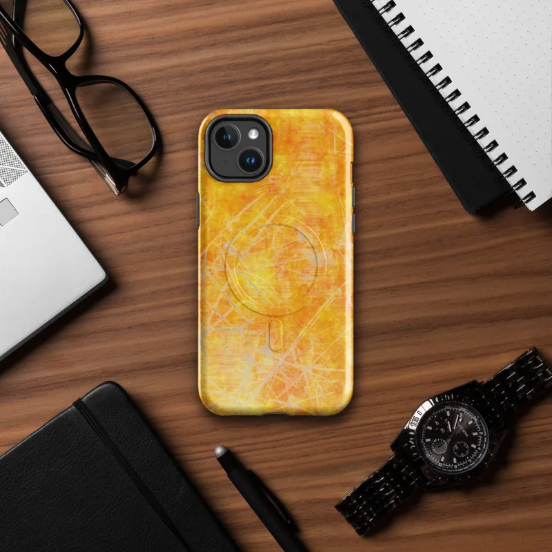 Glossy Solar Flare Scratch MagSafe Tough Case for iPhone — mottled orange and golden yellow surface overlaid with scattered