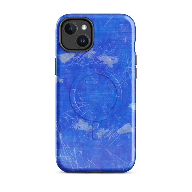 Glossy Electric Blue Splatter Storm MagSafe Tough Case for iPhone — vivid cobalt blue background covered in scattered