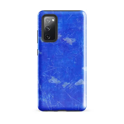 vivid cobalt blue surface covered in white scratch lines, gray ink splatter blots, and fine paint speckles in a chaotic abstract style on Glossy Electric Blue Storm Tough Case for Samsung - default - Front view