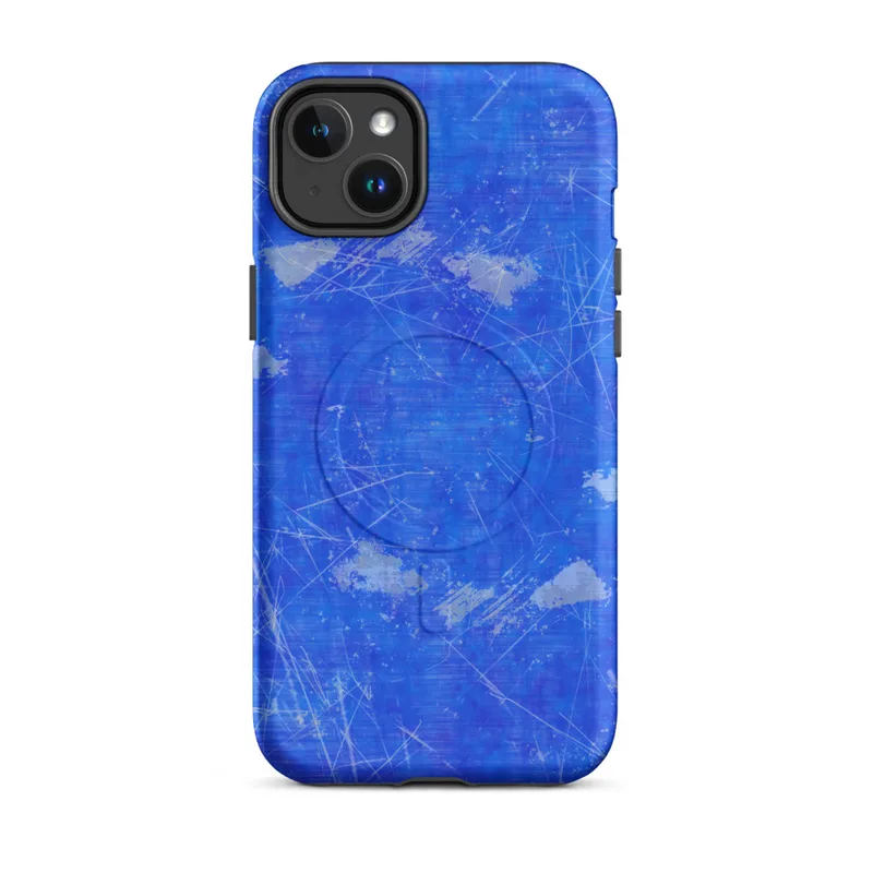 Matte Electric Blue Splatter Storm MagSafe Tough Case for iPhone — vivid cobalt blue background covered in scattered