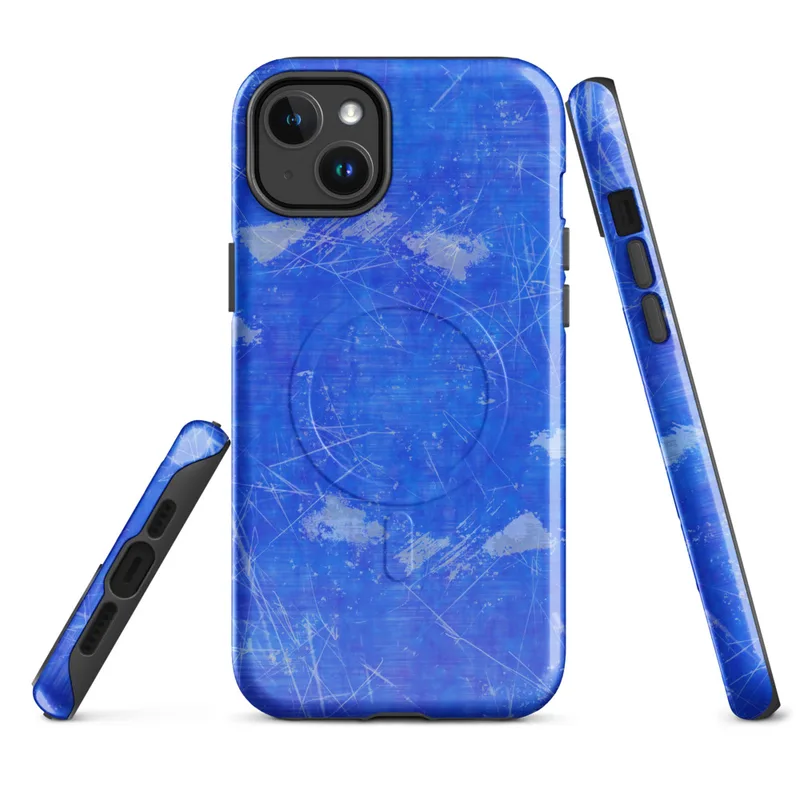 Glossy Electric Blue Splatter Storm MagSafe Tough Case for iPhone — vivid cobalt blue background covered in scattered