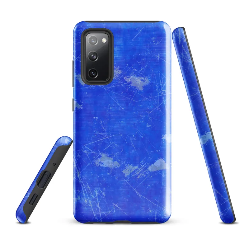 Glossy Electric Blue Storm Tough Case for Samsung — vivid cobalt blue surface covered in white scratch lines, gray ink