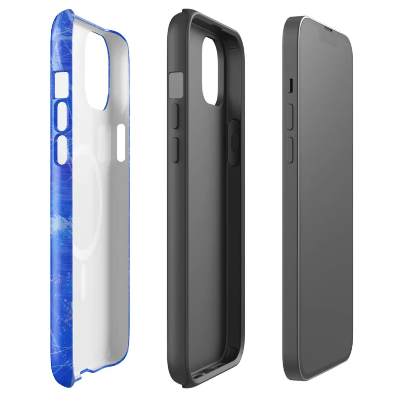 Glossy Electric Blue Splatter Storm MagSafe Tough Case for iPhone — vivid cobalt blue background covered in scattered