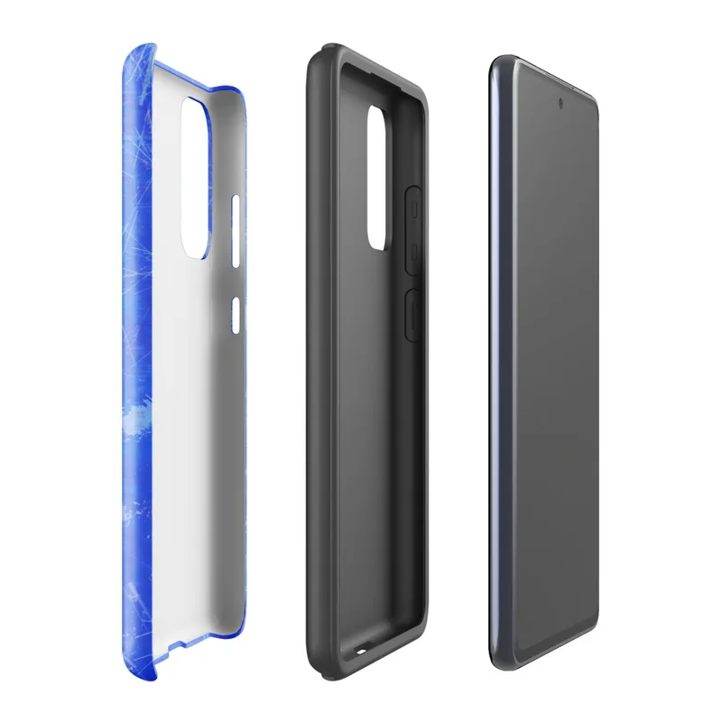 Glossy Electric Blue Storm Tough Case for Samsung — vivid cobalt blue surface covered in white scratch lines, gray ink