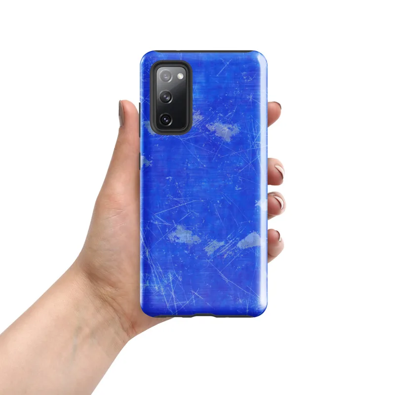 Glossy Electric Blue Storm Tough Case for Samsung — vivid cobalt blue surface covered in white scratch lines, gray ink