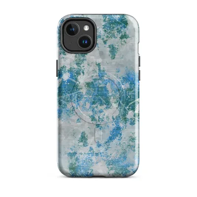 layered abstract texture of icy blue, deep teal, and pale grey paint splashes with crystalline scratch marks and organic splatter on a light frost background on Glossy Frozen Tide Abstract MagSafe Tough Case for iPhone - default - Front view