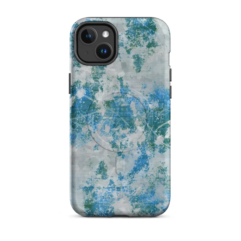 Matte Frozen Tide Abstract MagSafe Tough Case for iPhone — layered abstract texture of icy blue, deep teal, and pale grey