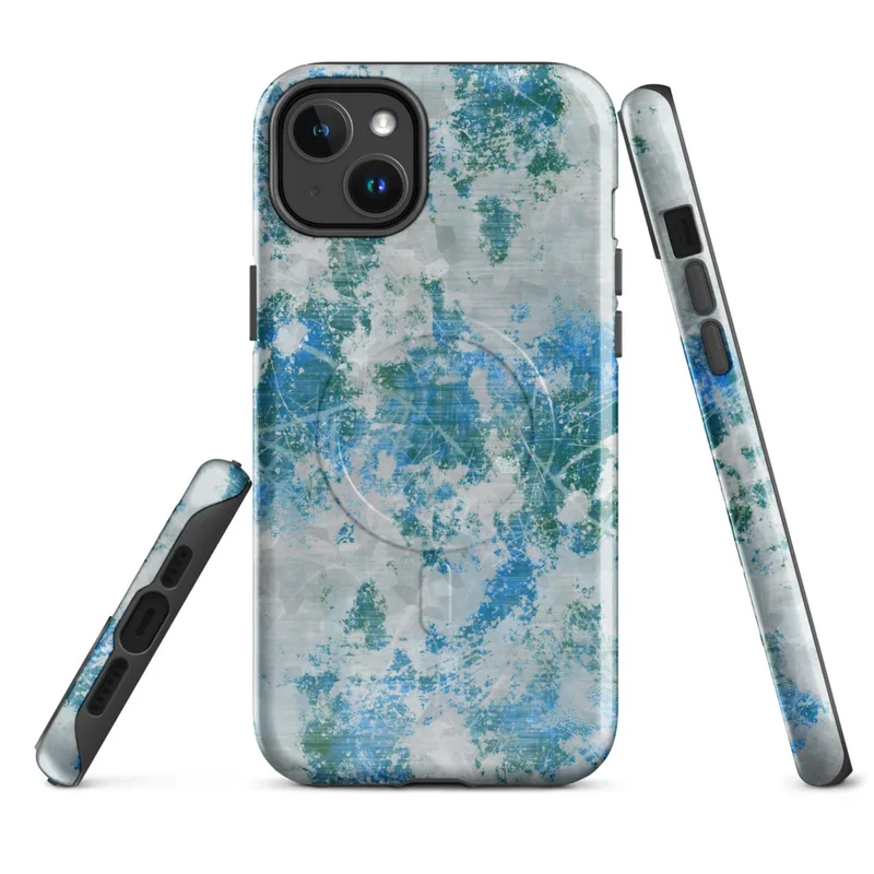 Glossy Frozen Tide Abstract MagSafe Tough Case for iPhone — layered abstract texture of icy blue, deep teal, and pale grey