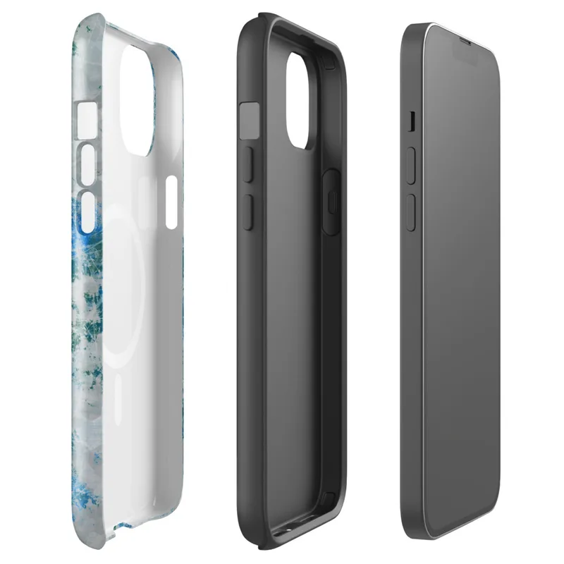 Glossy Frozen Tide Abstract MagSafe Tough Case for iPhone — layered abstract texture of icy blue, deep teal, and pale grey