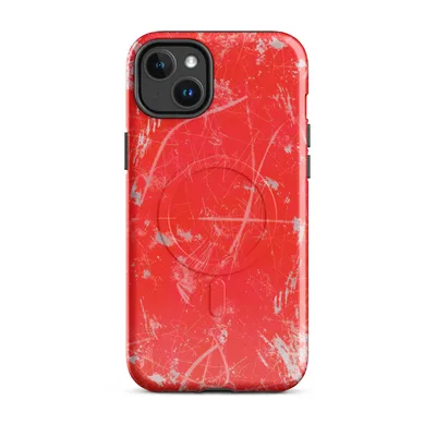 explosive silver and white paint splatters with wild brushstrokes and scratch marks on a vivid neon red background on Glossy Red Chaos Splatter MagSafe Tough Case for iPhone - default - Front view