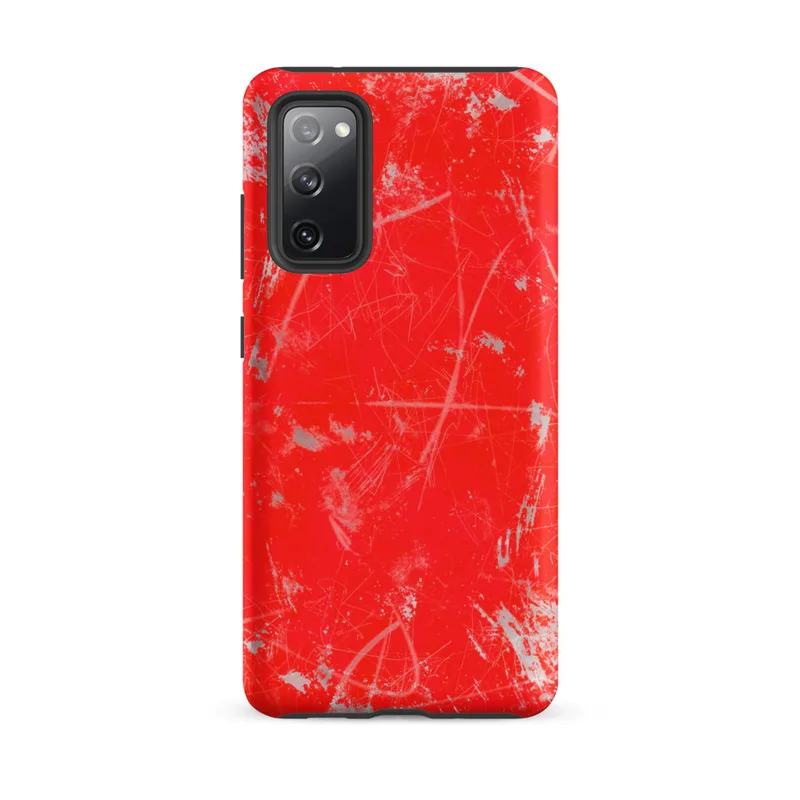 Matte Crimson Storm Scratch Tough Case for Samsung — vivid red-orange background covered in scattered gray paint splatters