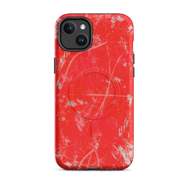 Matte Red Chaos Splatter MagSafe Tough Case for iPhone — explosive silver and white paint splatters with wild brushstrokes
