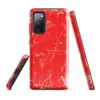 Glossy Crimson Storm Scratch Tough Case for Samsung — vivid red-orange background covered in scattered gray paint splatters