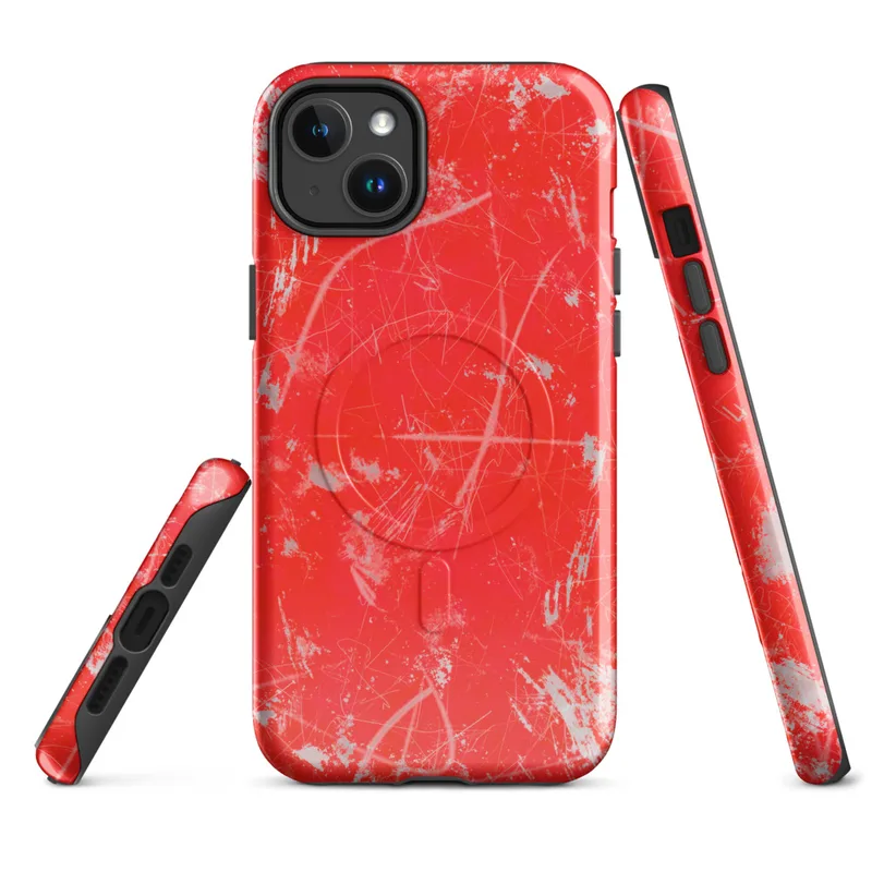Glossy Red Chaos Splatter MagSafe Tough Case for iPhone — explosive silver and white paint splatters with wild brushstrokes