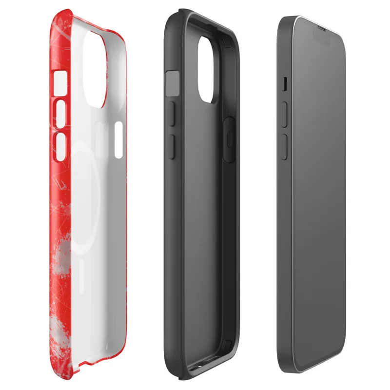 Glossy Red Chaos Splatter MagSafe Tough Case for iPhone — explosive silver and white paint splatters with wild brushstrokes
