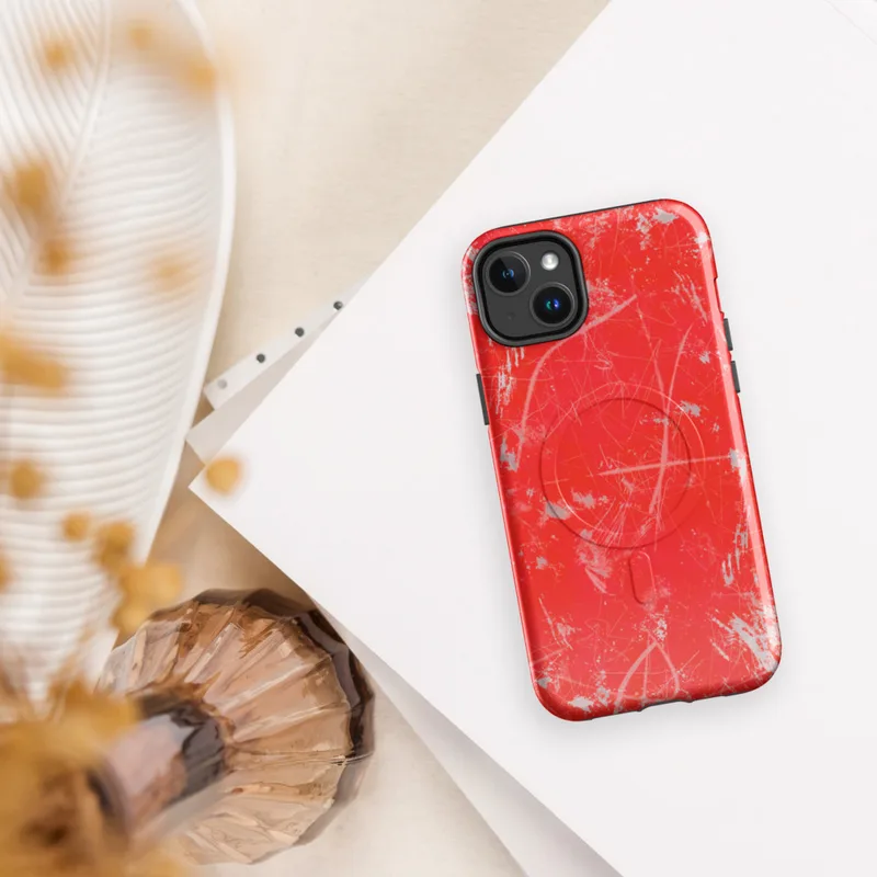 Glossy Red Chaos Splatter MagSafe Tough Case for iPhone — explosive silver and white paint splatters with wild brushstrokes
