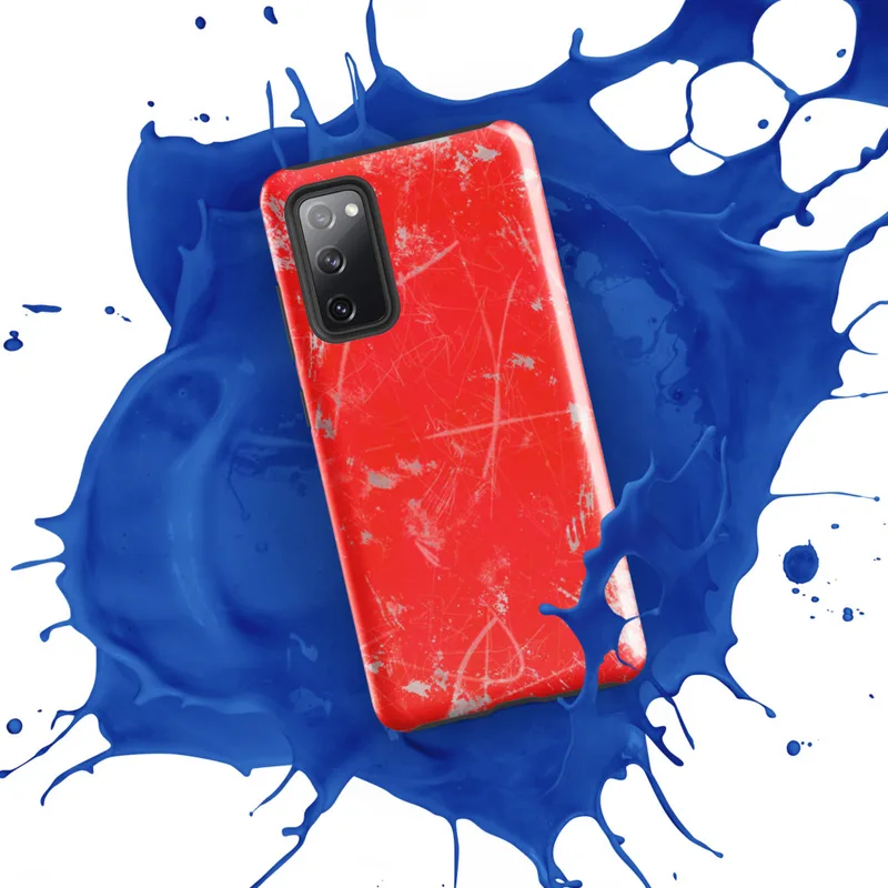 Glossy Crimson Storm Scratch Tough Case for Samsung — vivid red-orange background covered in scattered gray paint splatters
