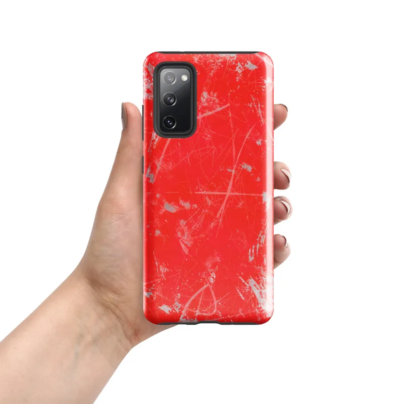 Glossy Crimson Storm Scratch Tough Case for Samsung — vivid red-orange background covered in scattered gray paint splatters