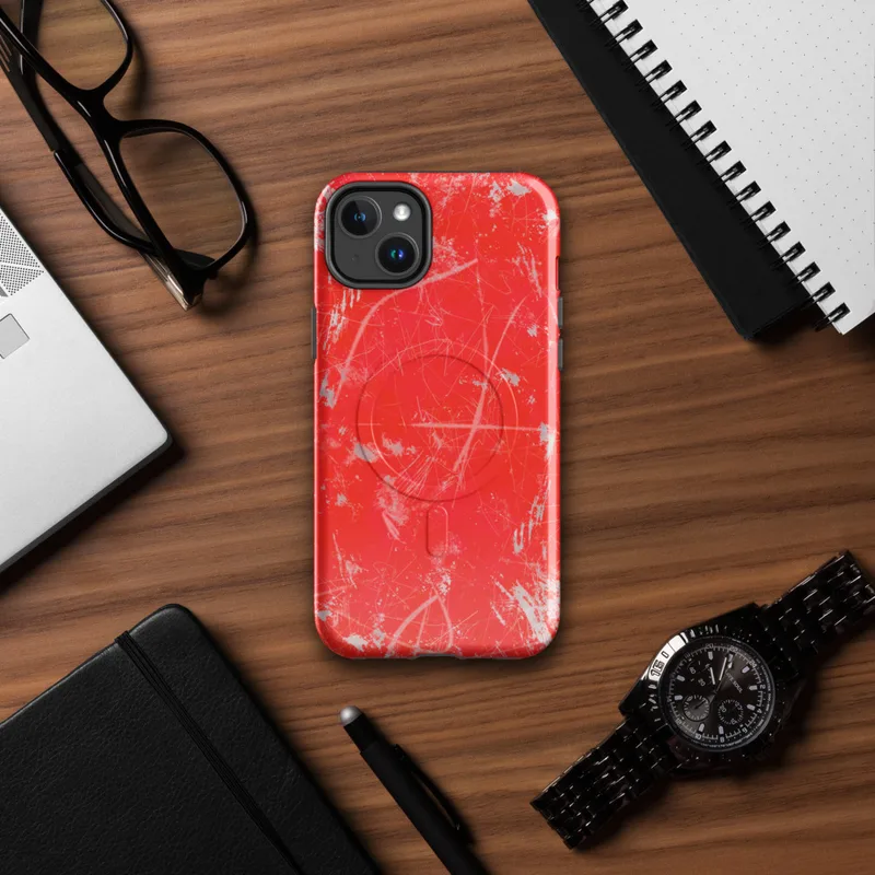Glossy Red Chaos Splatter MagSafe Tough Case for iPhone — explosive silver and white paint splatters with wild brushstrokes