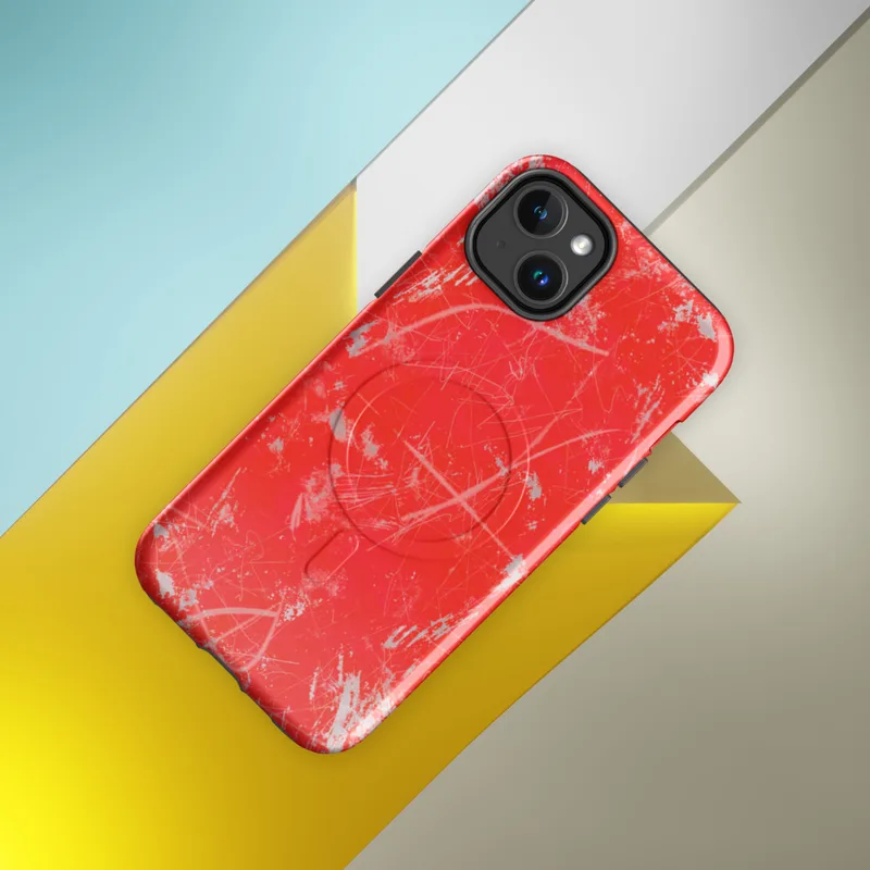 Glossy Red Chaos Splatter MagSafe Tough Case for iPhone — explosive silver and white paint splatters with wild brushstrokes