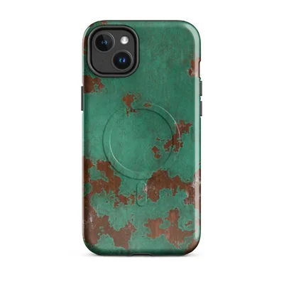 aged copper surface with teal-green verdigris patina spreading over exposed reddish-brown rust in irregular organic patches on Glossy Patina Copper Weathered MagSafe Tough Case for iPhone - default - Front view