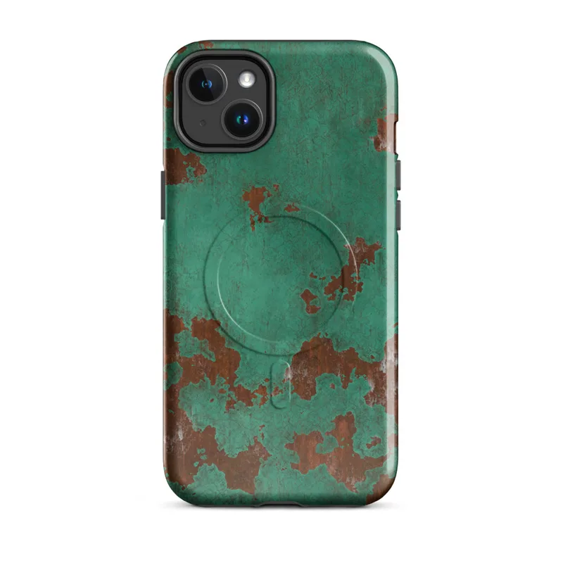 Glossy Patina Copper Weathered MagSafe Tough Case for iPhone — aged copper surface with teal-green verdigris patina