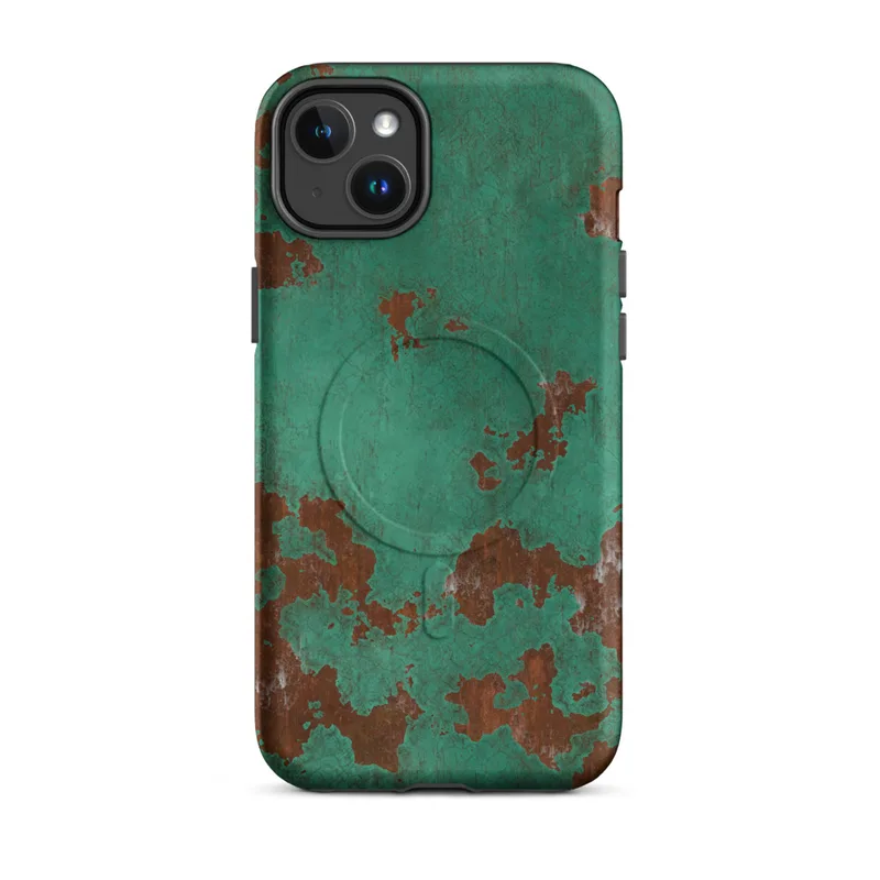 Matte Patina Copper Weathered MagSafe Tough Case for iPhone — aged copper surface with teal-green verdigris patina spreading