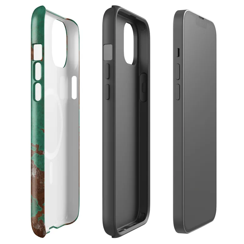 Glossy Patina Copper Weathered MagSafe Tough Case for iPhone — aged copper surface with teal-green verdigris patina