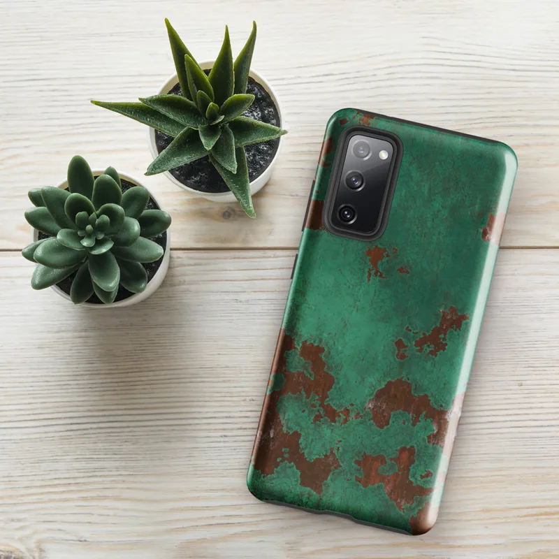 Glossy Patina Copper Corrosion Tough Case for Samsung — aged copper surface with teal verdigris patina and exposed