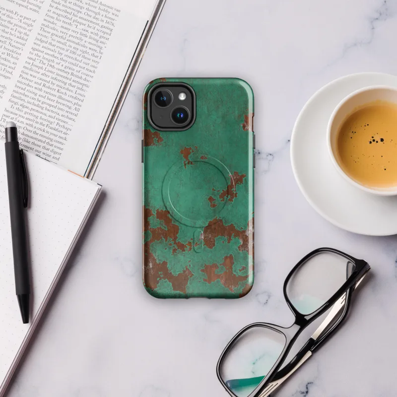 Glossy Patina Copper Weathered MagSafe Tough Case for iPhone — aged copper surface with teal-green verdigris patina