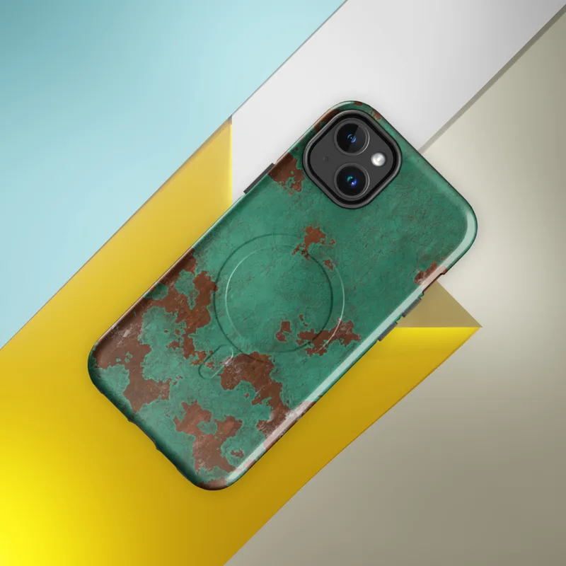 Glossy Patina Copper Weathered MagSafe Tough Case for iPhone — aged copper surface with teal-green verdigris patina